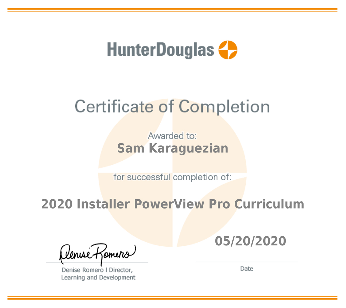 Hunter Douglas Certificate